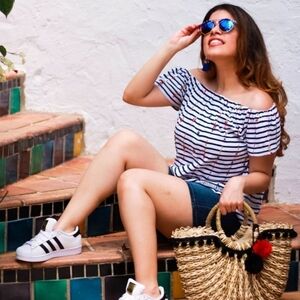 Lucky Brand Navy White Striped Embroidered Blouse